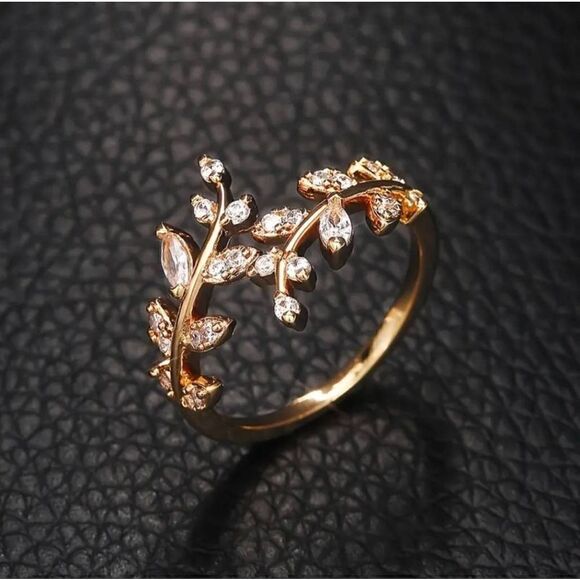 Elegant Finger Ring Leaf Shape With Zircon Adjustable Open Cuff Ring - Picture 8 of 10